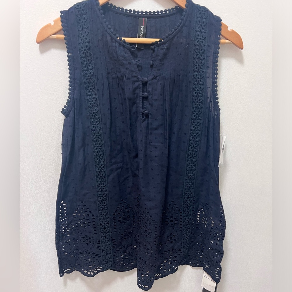 NWT - Marc Cain Navy Eyet A-Line Sleeveless Tank Top Blouse, Size M